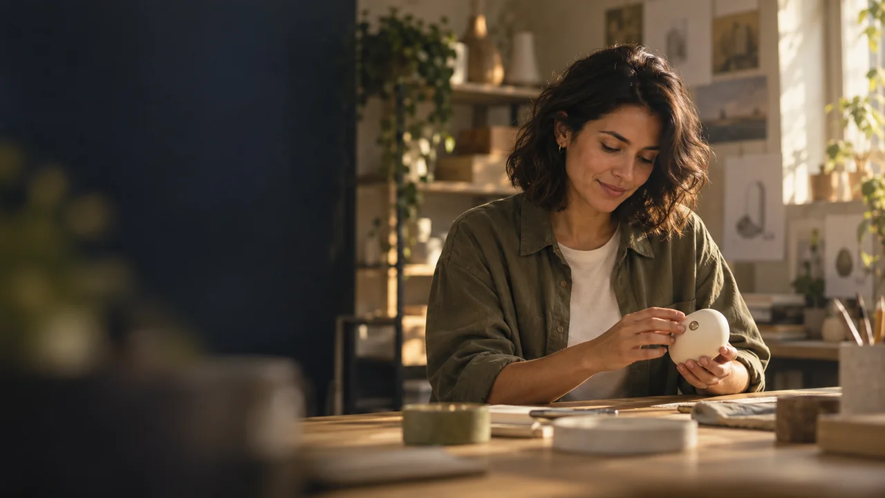 A product maker examining a small prototype