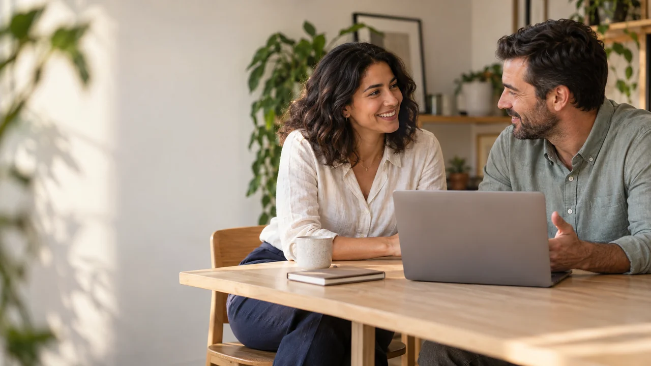 Colleagues considering work together at a laptop