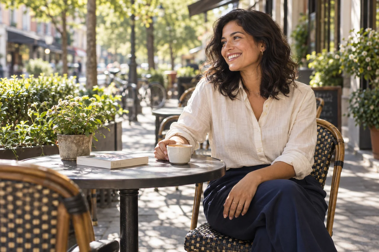 A woman enjoying a coffee outdoors