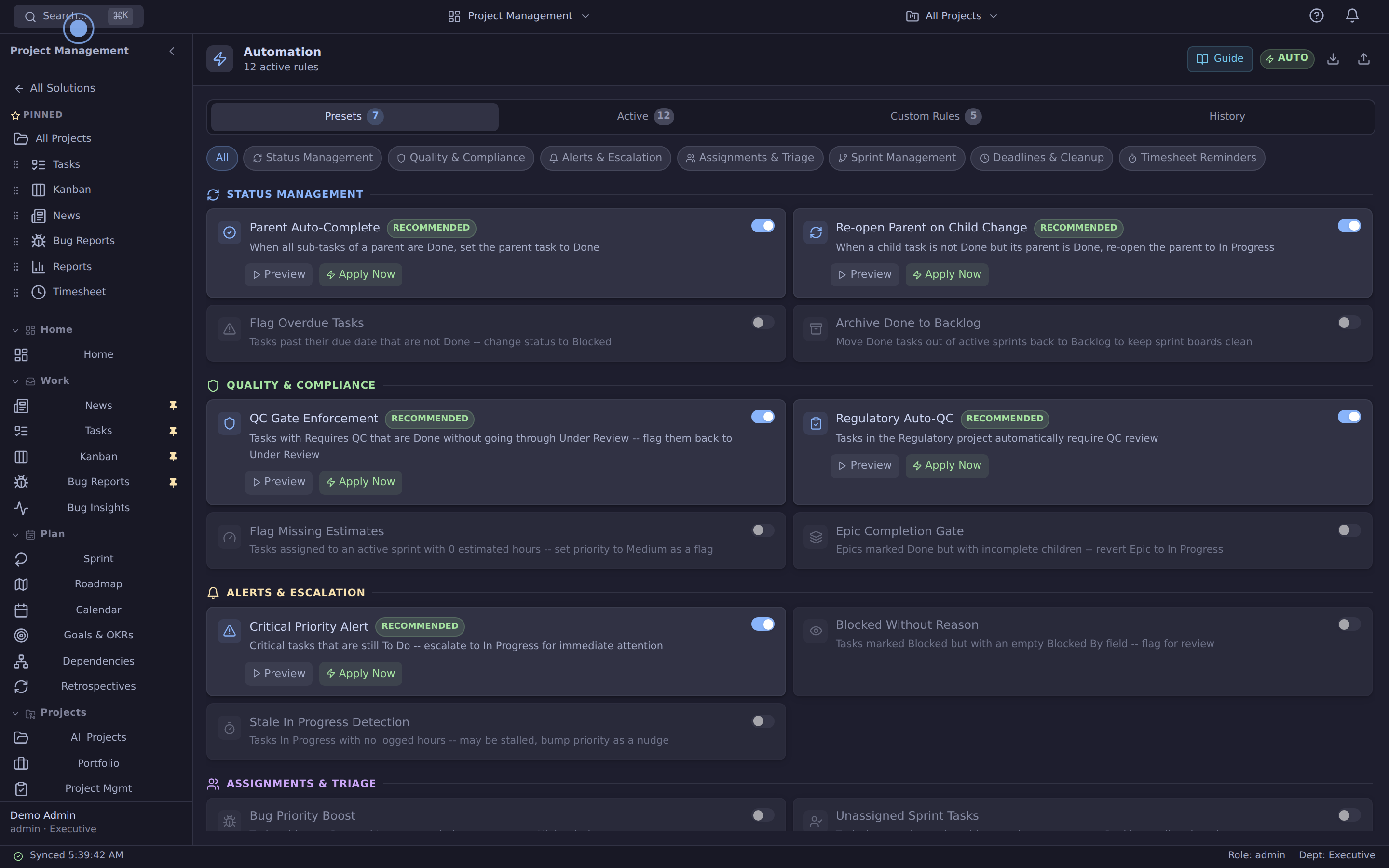 Automation rule list with triggers and actions