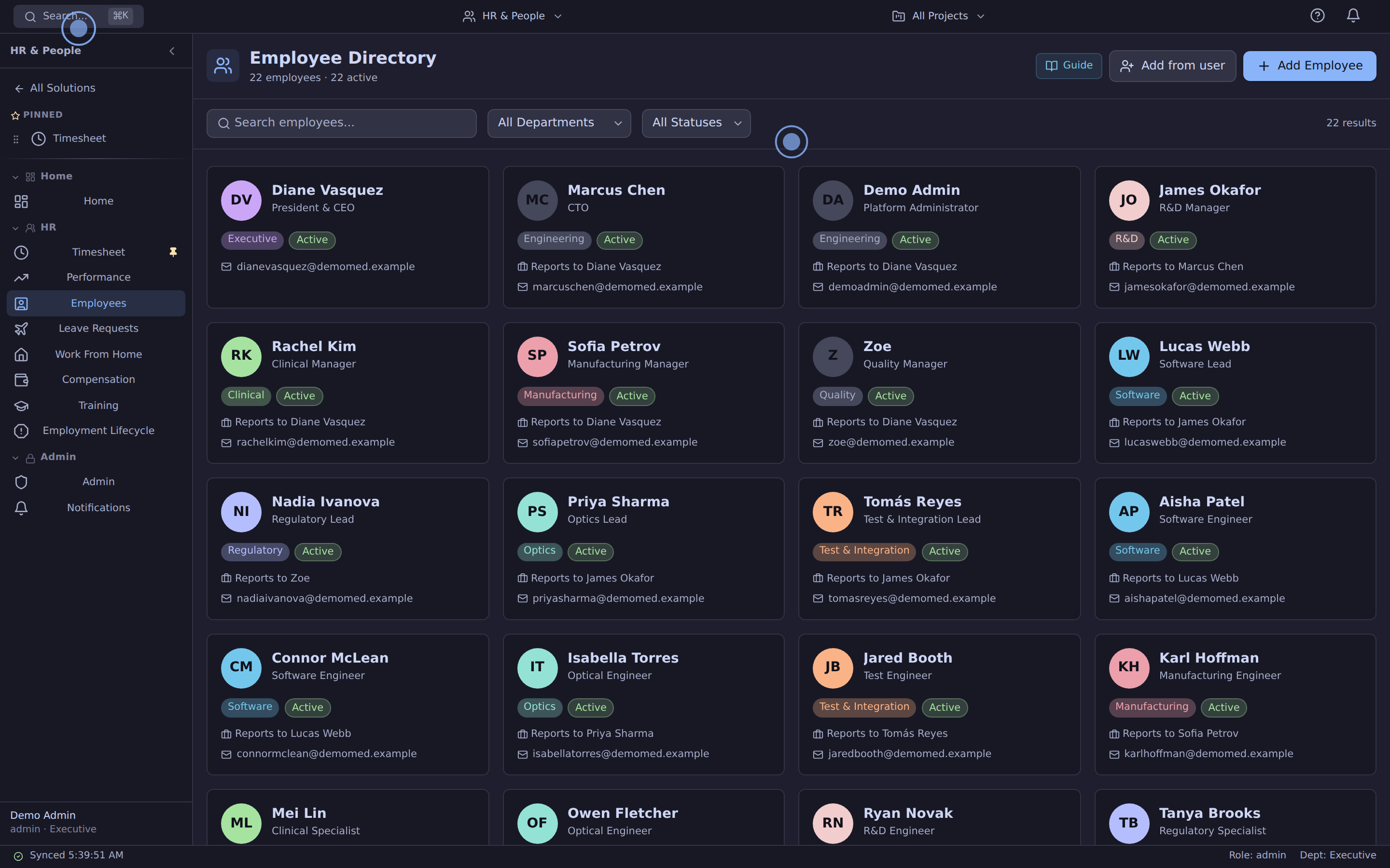 Employee directory with manager hierarchy and departments