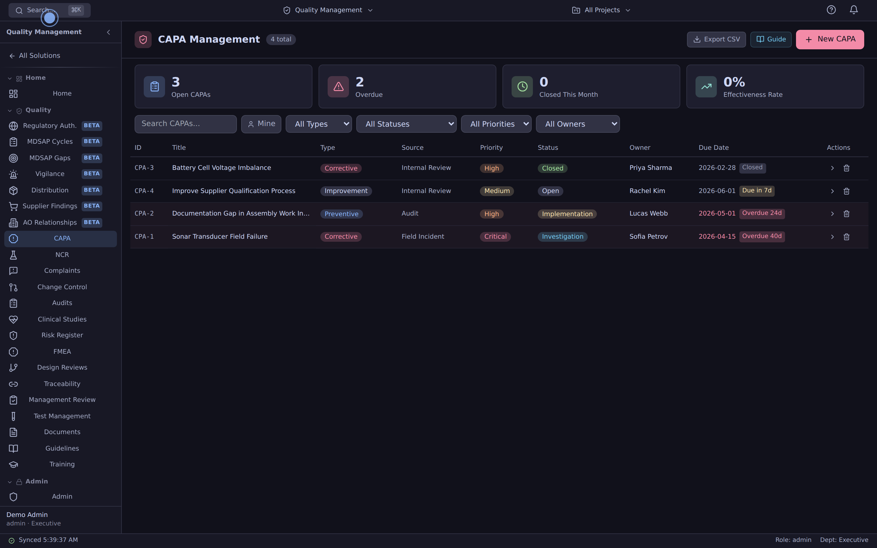 CAPA list with status, priority, linked source records