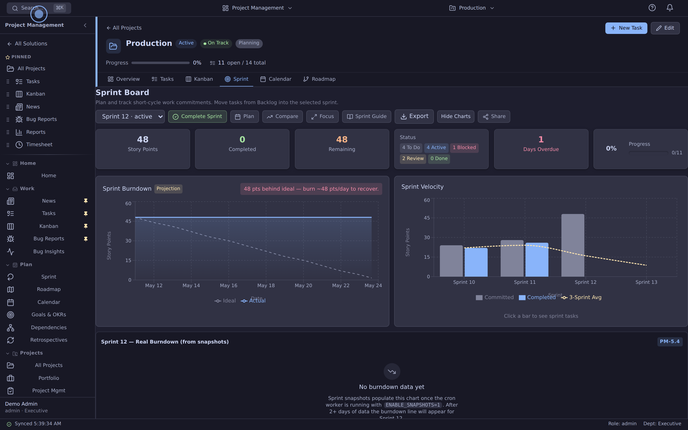 Sprint board with burndown chart and velocity trend