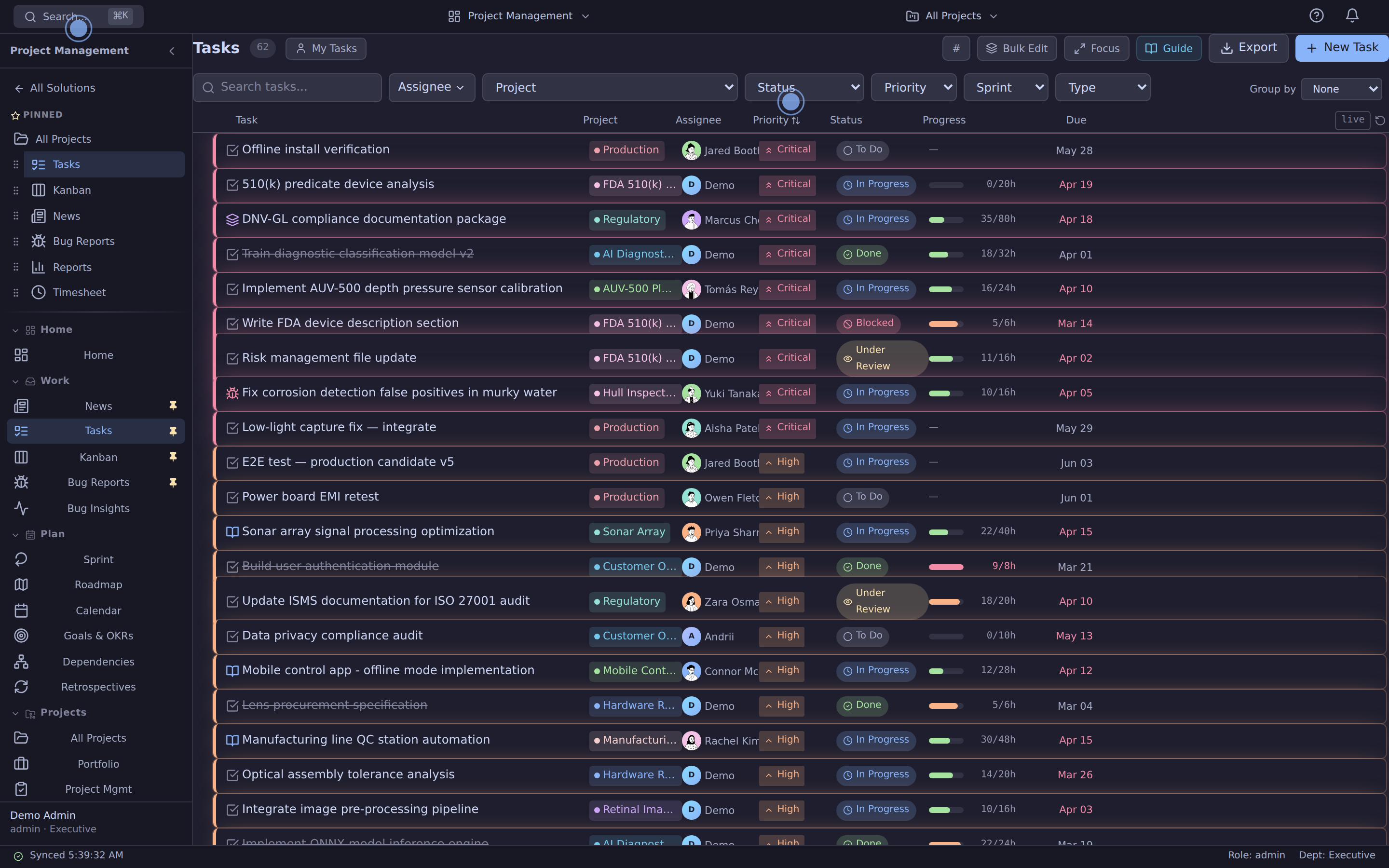 Tasks panel from a real Azora demo tenant — task rows with assignees, status, priority, and due dates