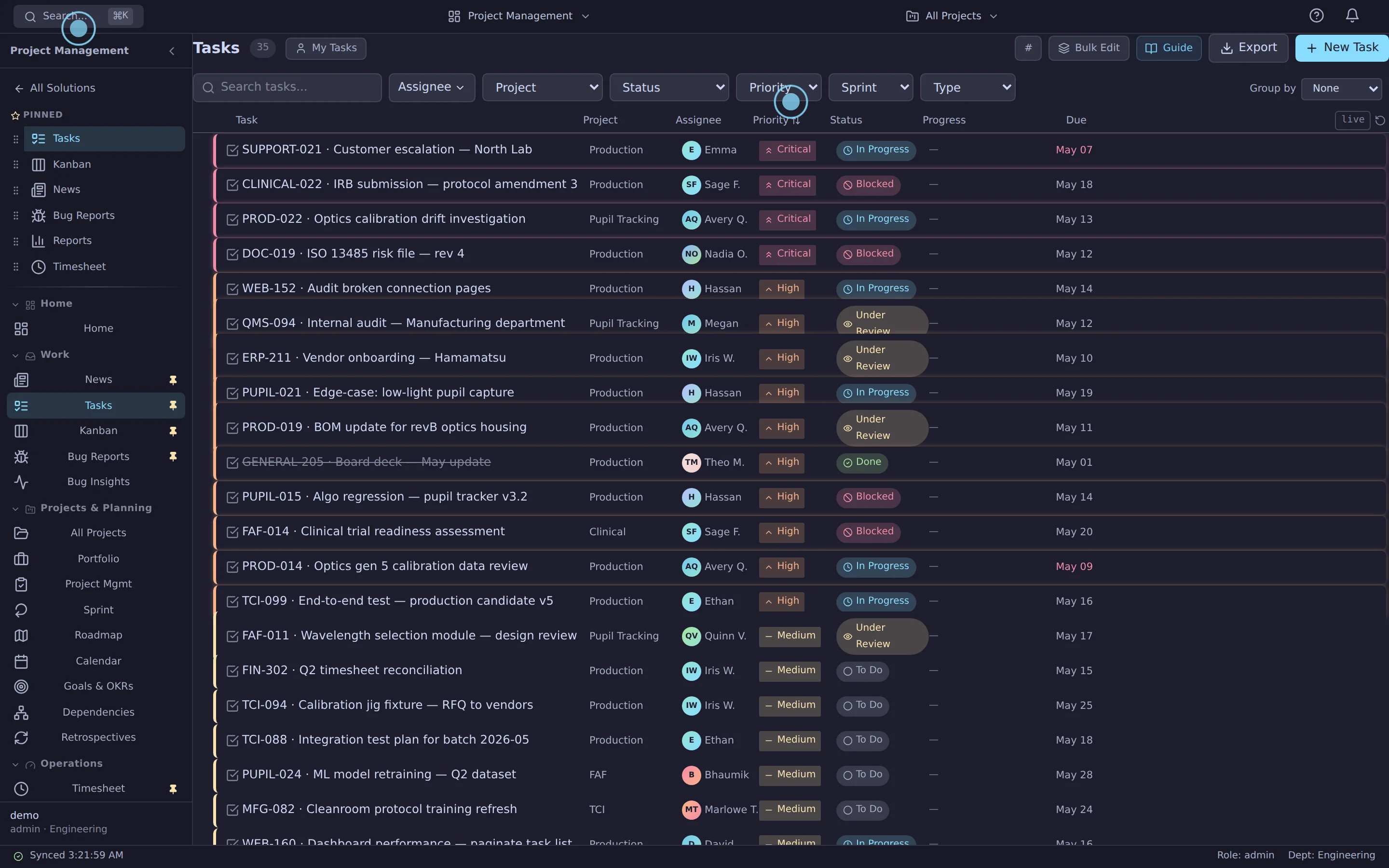 Azora task workspace showing connected work across quality, clinical, product, and operations projects