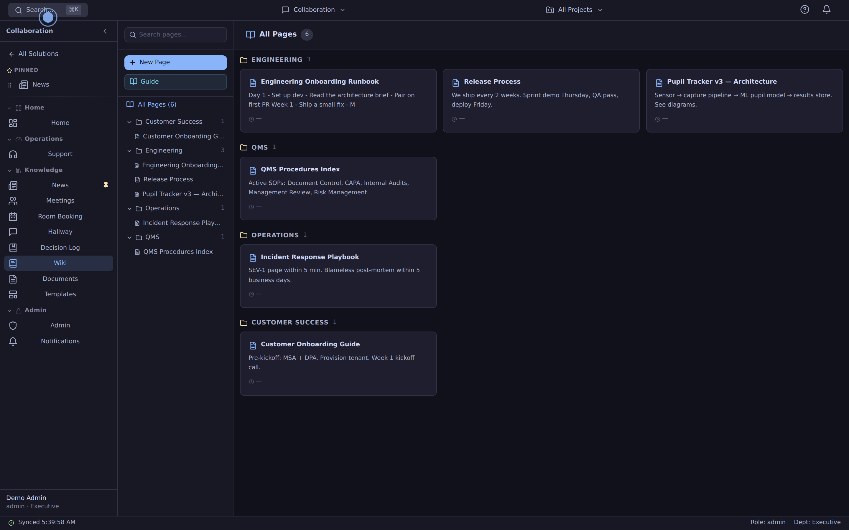 Wiki page with linked tasks sidebar