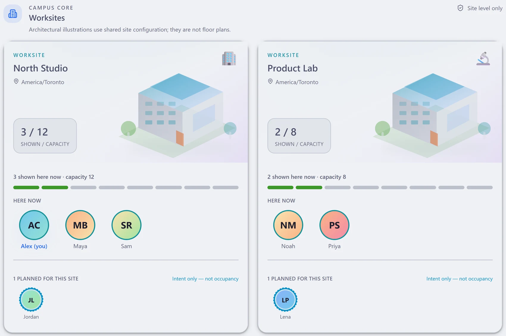 Azora Campus worksite cards for North Studio and Product Lab, separating shared current status from planned presence