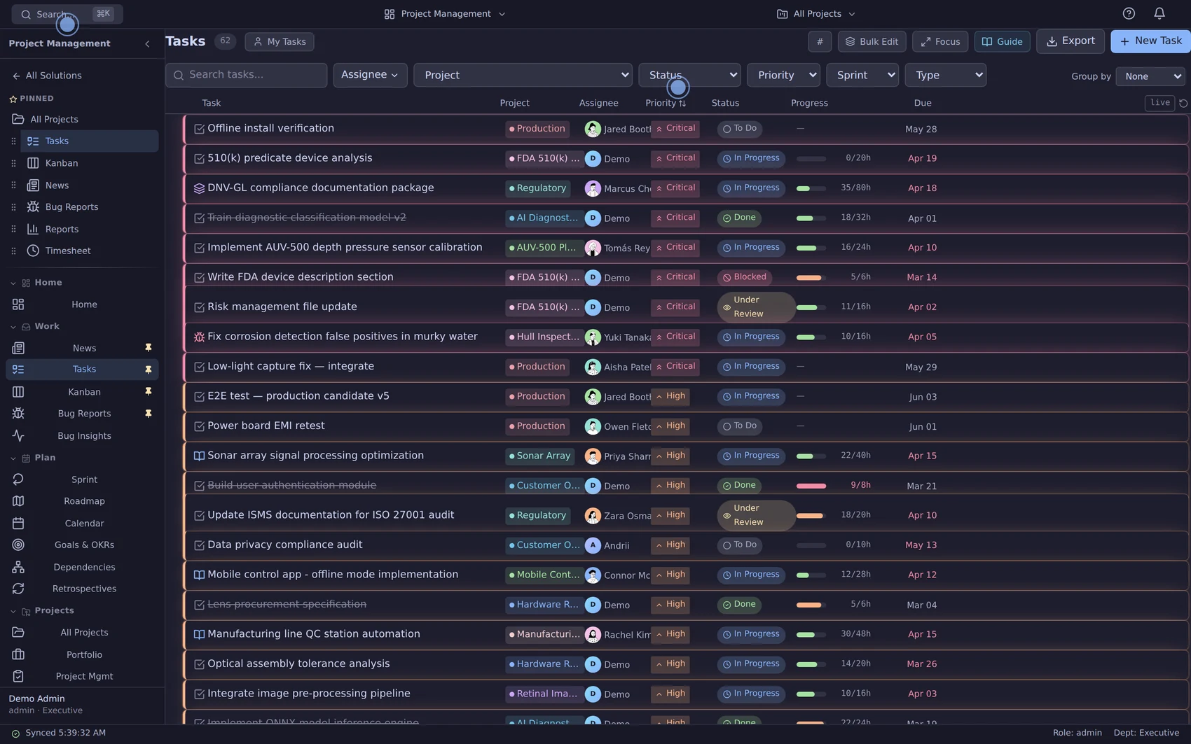 Azora task list showing project, assignee, status, due date and progress columns